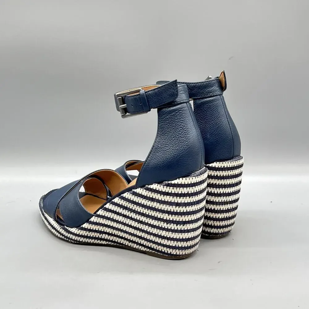 Vionic Sandals Womens 7 Blue Leather Marina Espadrille Ankle Strap Wedge Shoes
